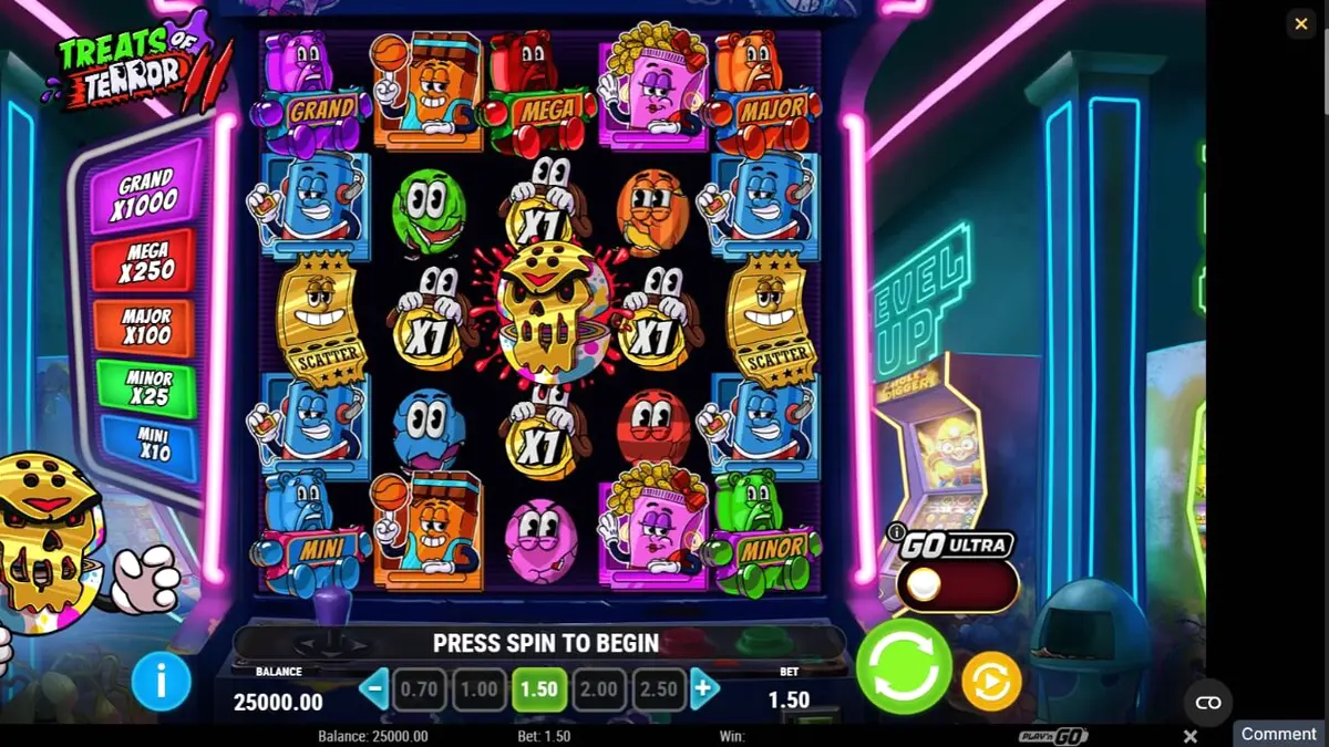 Tampilan visual neon arcade dalam slot Treats of Terror 2