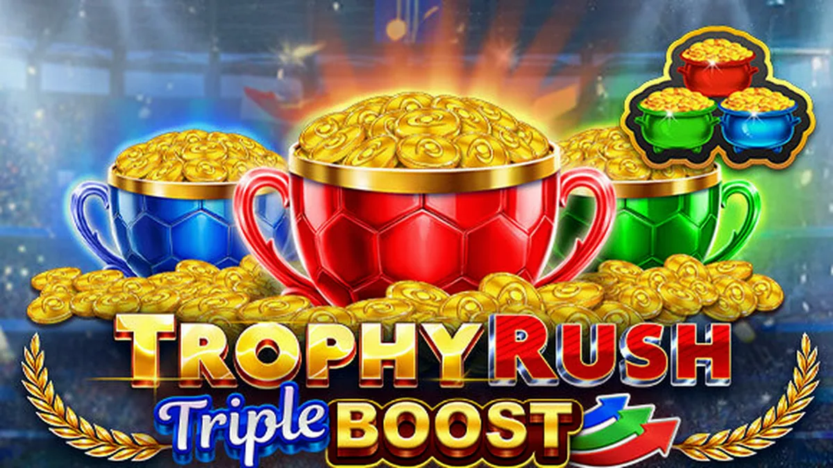 Tampilan visual slot Trophy Rush Triple Boost dengan tema stadion yang meriah